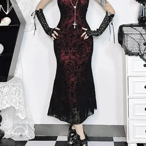 Women's Cross & Skull Print Contrast Lace Bow Decor Mermaid Dress, Elegant Adjustable Strap Cami Dress for Party Holiday Wedding Guest, Ladies Fall Clothes, Bodycon Fit Dress, Elegant Fashion Dress