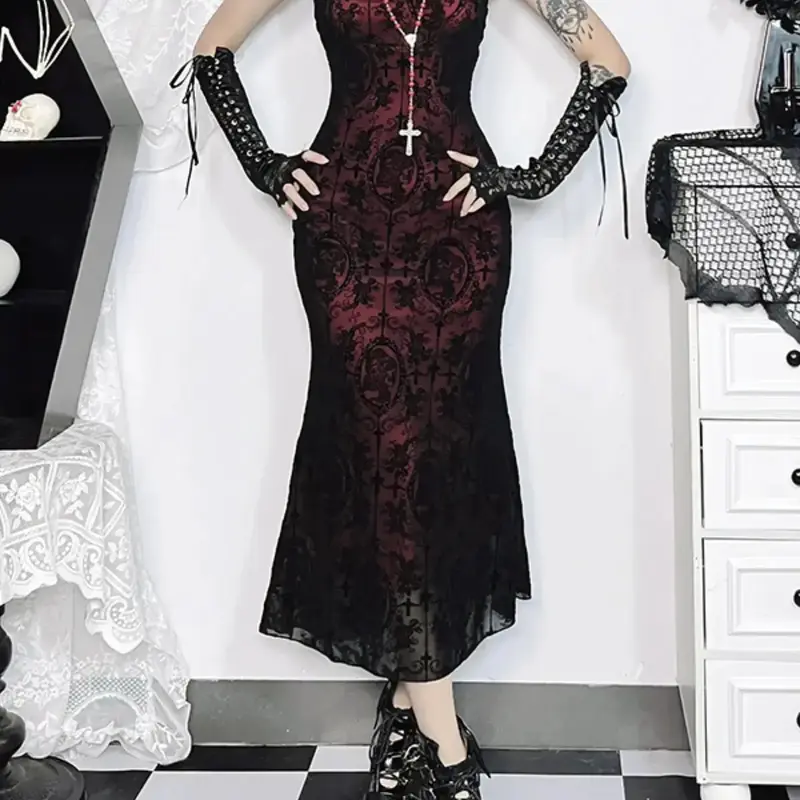 Women's Cross & Skull Print Contrast Lace Bow Decor Mermaid Dress, Elegant Adjustable Strap Cami Dress for Party Holiday Wedding Guest, Ladies Fall Clothes, Bodycon Fit Dress, Elegant Fashion Dress