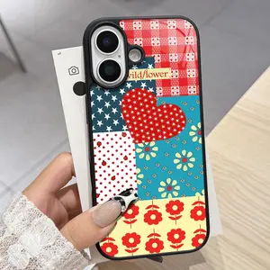 Wildflower Patchwork Heart Theme Glossy Phone Case, Fits Apple iPhone 11/12/13/14/15/16/17 Pro Max, Retro Style Design