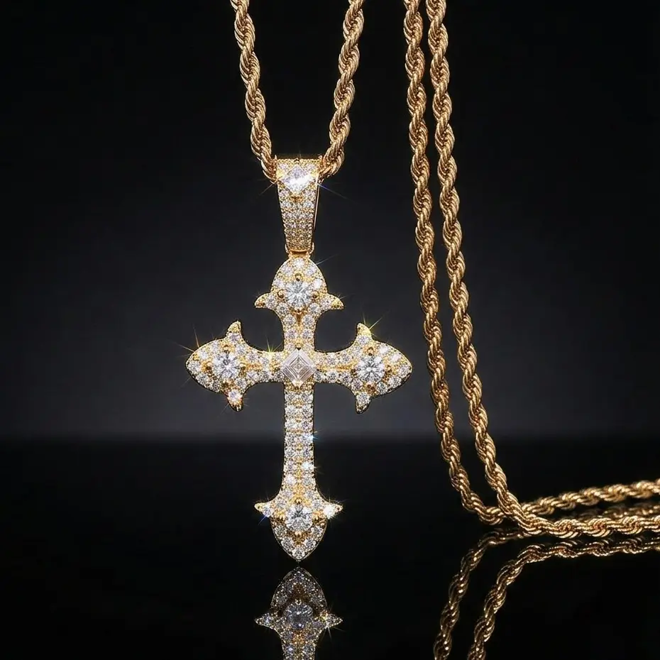 Iced Out Cross Pendant Necklace, 14K Gold Plated, Cubic Zirconia Jesus Cross Necklace , Hip Hop Gothic Style