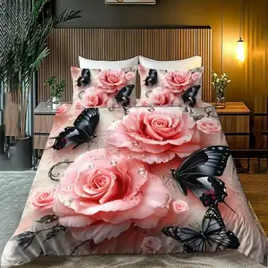 2D Print Rose & Butterfly Pattern Bedding Set, 100% Polyester Soft Breathable Fabric, All Seasons, Bedroom Decor, Breathable Duvet Set