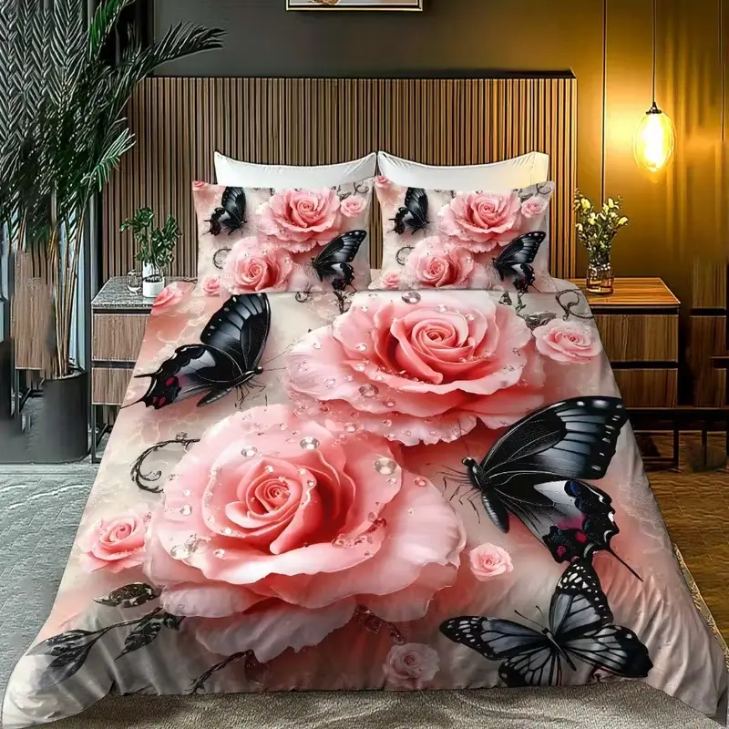 2D Print Rose & Butterfly Pattern Bedding Set, 100% Polyester Soft Breathable Fabric, All Seasons, Bedroom Decor, Decorative Bedding Set, Theme Bedding Set, Breathable Duvet Set, Floral Bedding Sets, Duvet Cover Set, Printed Bedding Set