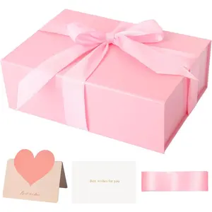 Pink  Box 11''x7.2"x3.5", Glossy   Box with Lid for Present Contains 1-1/2'' Widened Ribbon, Liner Paper, Card for Christmas, Valentine's Day, Wedding, Birthday