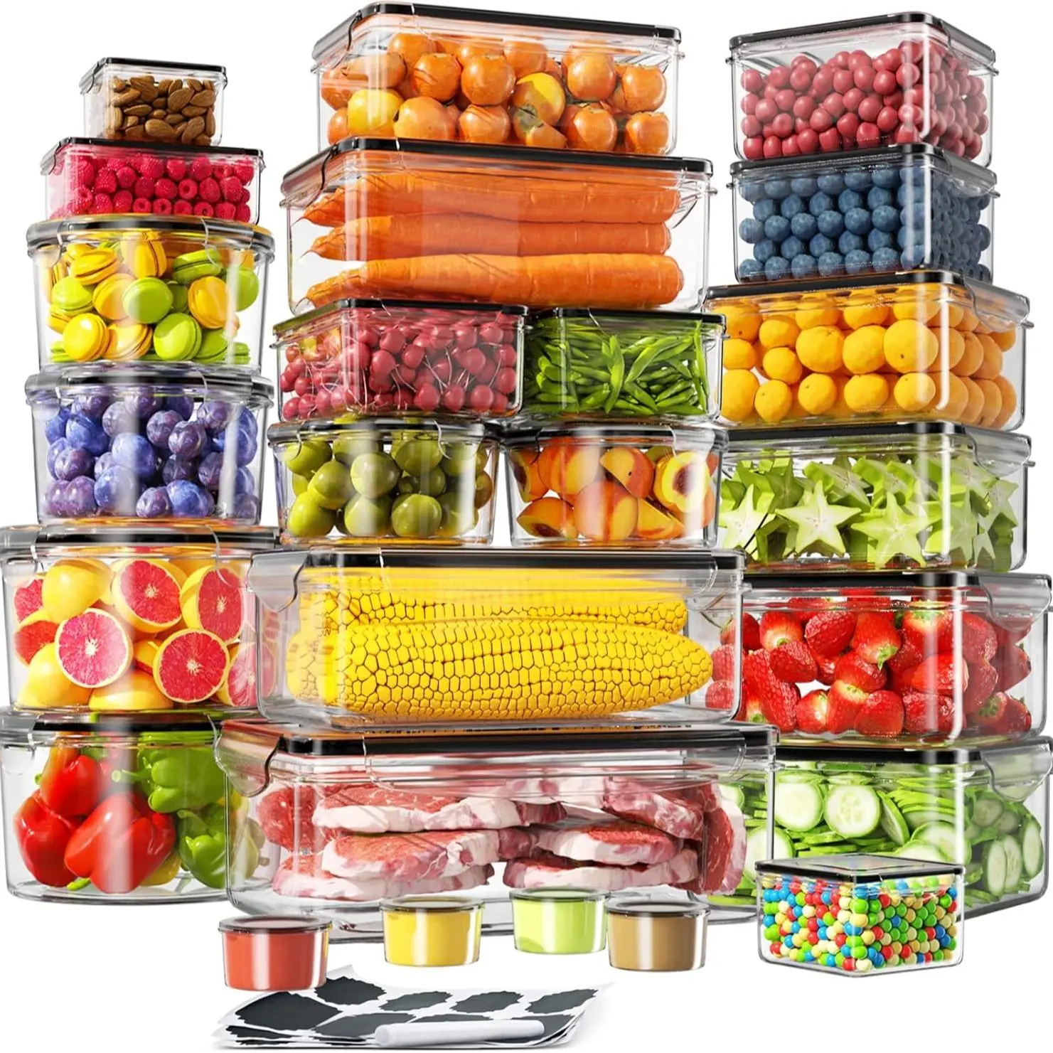 AISOON 50 PCS Reusable Stackable Kitchen Food Storage Containers Set - Airtight Canister Food Storage, 85oz Large Square & Round BPA-Free Polypropylene, Anti-Leak Freezer-to-Microwave, Leakproof Seal Keeps Pantry Tidy, Washable, Labels & Marker Organizer,