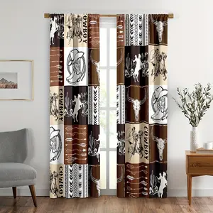Denim Themed Curtains with Bull Head Horse Arrow Design, Geometric Plaid Western Motifs, Translucent Polyester for Bedroom Living Room Decor, Window Curtain