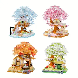 4-Pack Sakura Tree Building Blocks Set, Adult Miniature Toy, Mixed Colors, Movie Flower Plant Fairy Tale Theme, Abs Resin Material