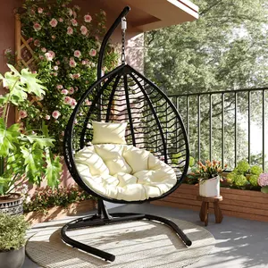 Egg Swing Chair with Stand Indoor Outdoor Hanging Egg Rattan Basket Chair with Cushion and Pillow, Lounge Chairs for Backyard Sunroom Patio Balcony Bedroom