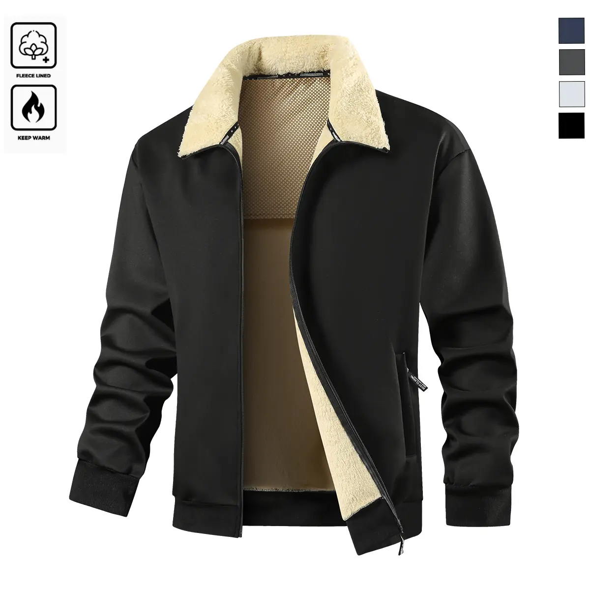 Men's Winter -Lined Jacket - Stand Collar with Zippered Pockets, Warm and Comfortable Polyester Coat, Suitable for Casual Outings, Winter Clothing for Outdoor Activities, Running, Fishing, and Casual Wear