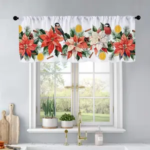 1pc Christmas and New Year printed kitchen curtains Christmas Poinsettia  garland border, bu curtains valance window treatment living room bedroom home decor 54 x 18 inch