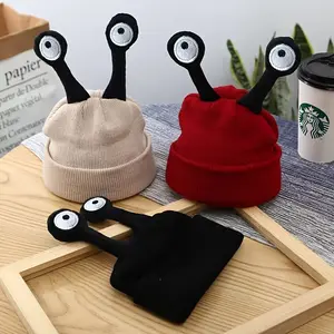 1pc Festive Christmas Unisex Antenna Beanie Hat, Acrylic Knit Fabric, Solid Color, Lightweight with Toggle Closure, Animal Theme, Stretch Fit, Hand Washable