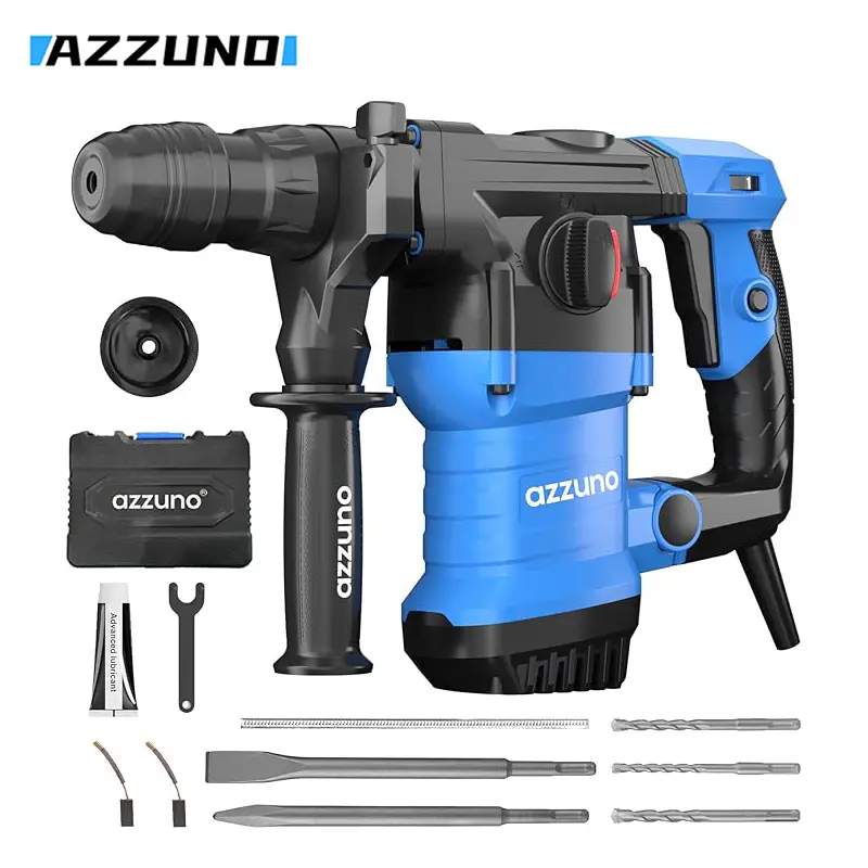 AZZUNO, AZN3216 rotary hammer drill 1500W, 120V 60Hz, impact energy: 6J, no-load noise: 96dB, with safety clutch, 870 RPM & 4100 BPM, 3 drill bits ((8 10 12)mm), easy to carry.
