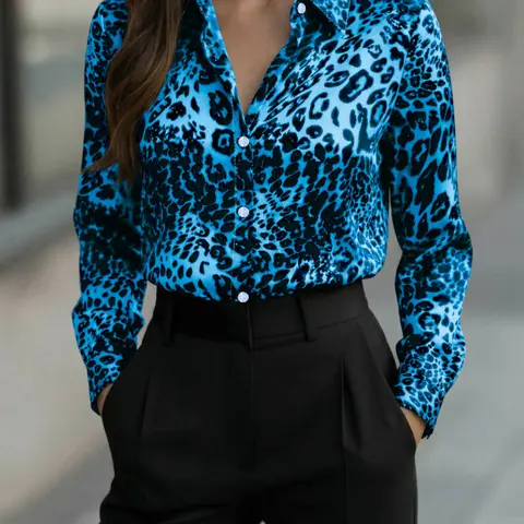 Stylish women's leopard print casual button collared long-sleeved shirt blouses, fitted, Casual Classy Elegant, suitable for everyday work attire office wear, tops womenswear