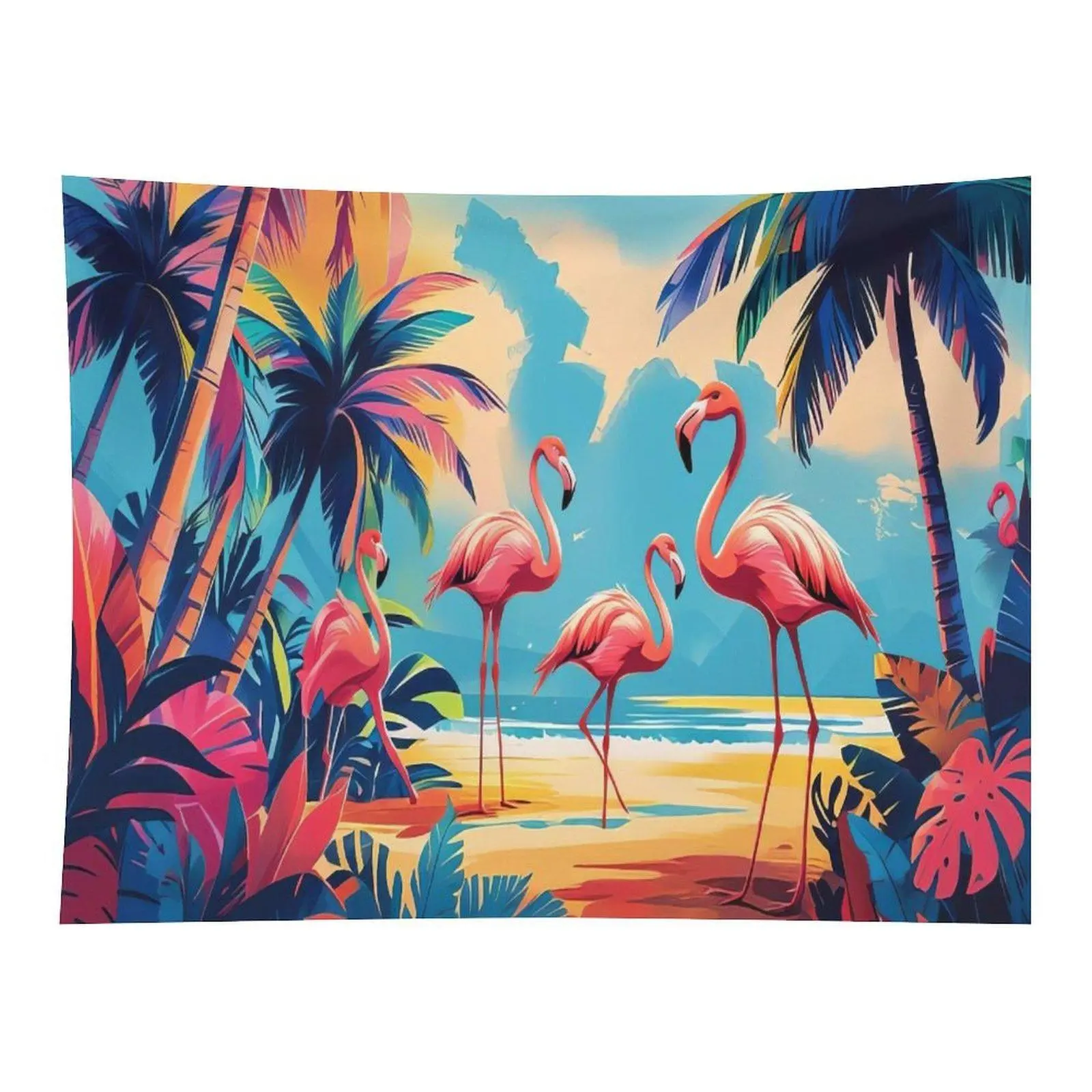 Tropical Beach Four Pink Flamingo Palm Tree Vibrant Ocean Sunset Pop Art Wall Tapestry Wall Hanging, Bright Summer Hawaiian Exotic Wildlife Coastal Decor for Girls Bedroom Backdrop