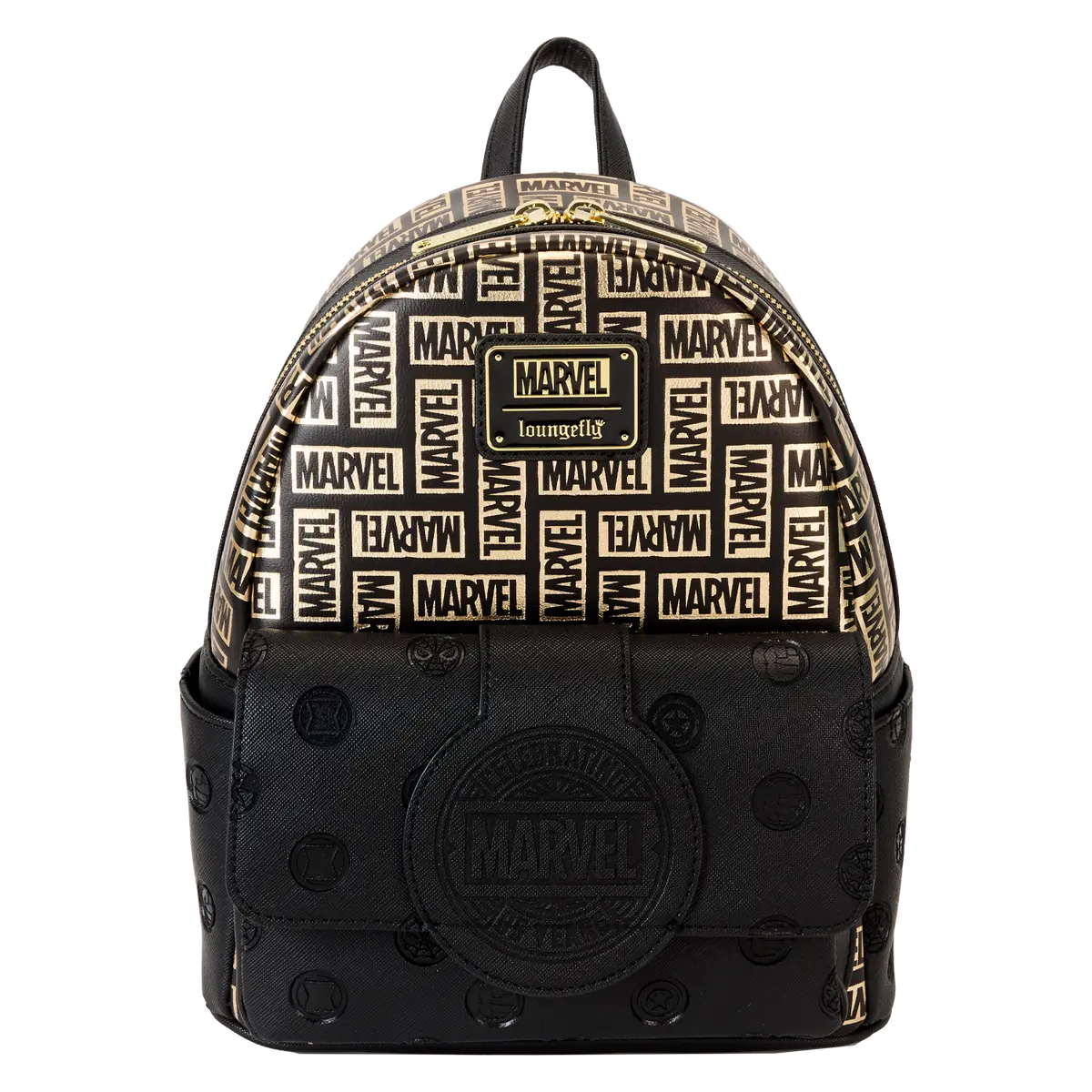 Loungefly Marvel 85th Anniversary Adjustable Faux Leather Mini Backpack - All-Over Print, Gold Metallic Hardware, Soft Shell, 9"w x 10.5"h x 4.5"d, One Size, Casual Women's Daypack for Campus & Travel