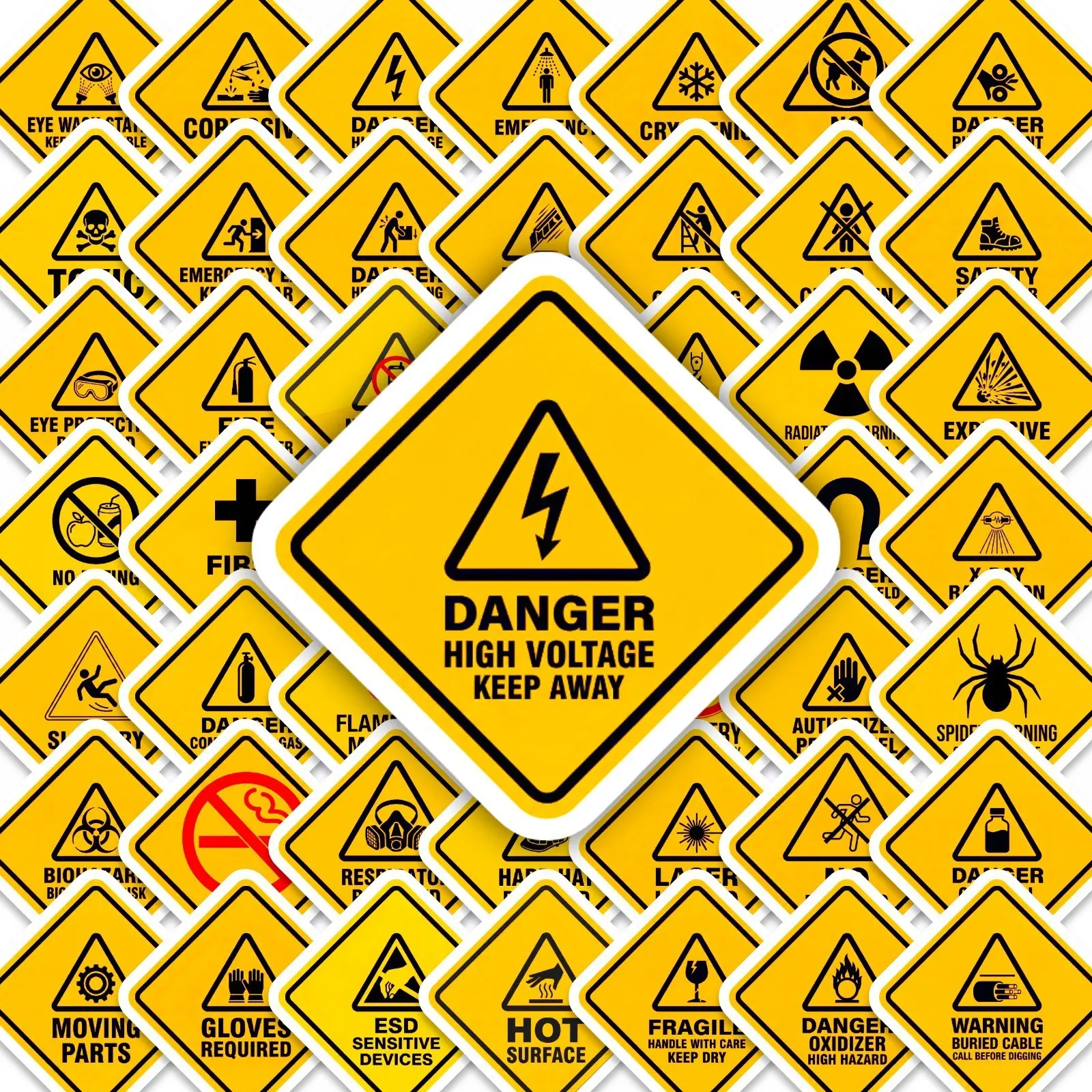 50 Sheets Hazard Warning Stickers, Yellow Rhombus Safety Markers, Waterproof Self-adhesive Stickers for Daily Use