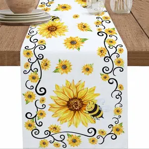 1pc,Bee Sunflower Table Runner, Washable Linen Cloth, Kitchen Dining Room Decor, Party Wedding Birthday Spring Decoration