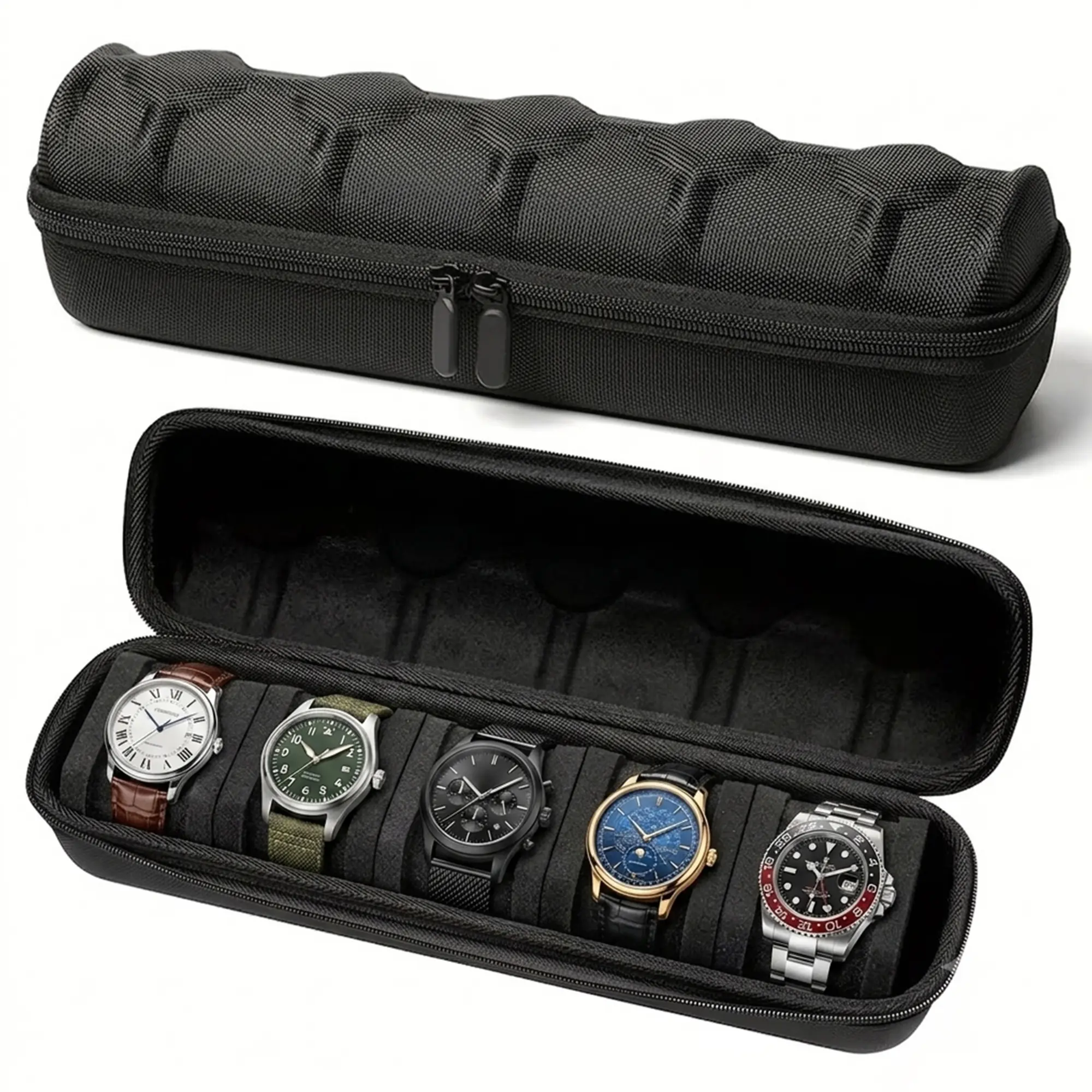 5 Slot Portable Watch Storage Box with Foam Pillows, Zipper Watch Organizer for Men and Women, Fits Wristwatches and Smart Watches