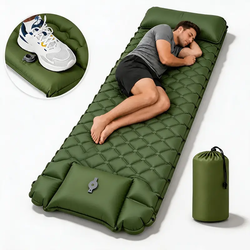 Camping Sleeping Pad with Pillow, Inflatable Sleeping Mat, Camping Mattress with Built in Foot Pump, Portable Lightweight Sleeping Bed for Backpacking, Hiking, Traveling, Camping Accessories, Camping Equipment