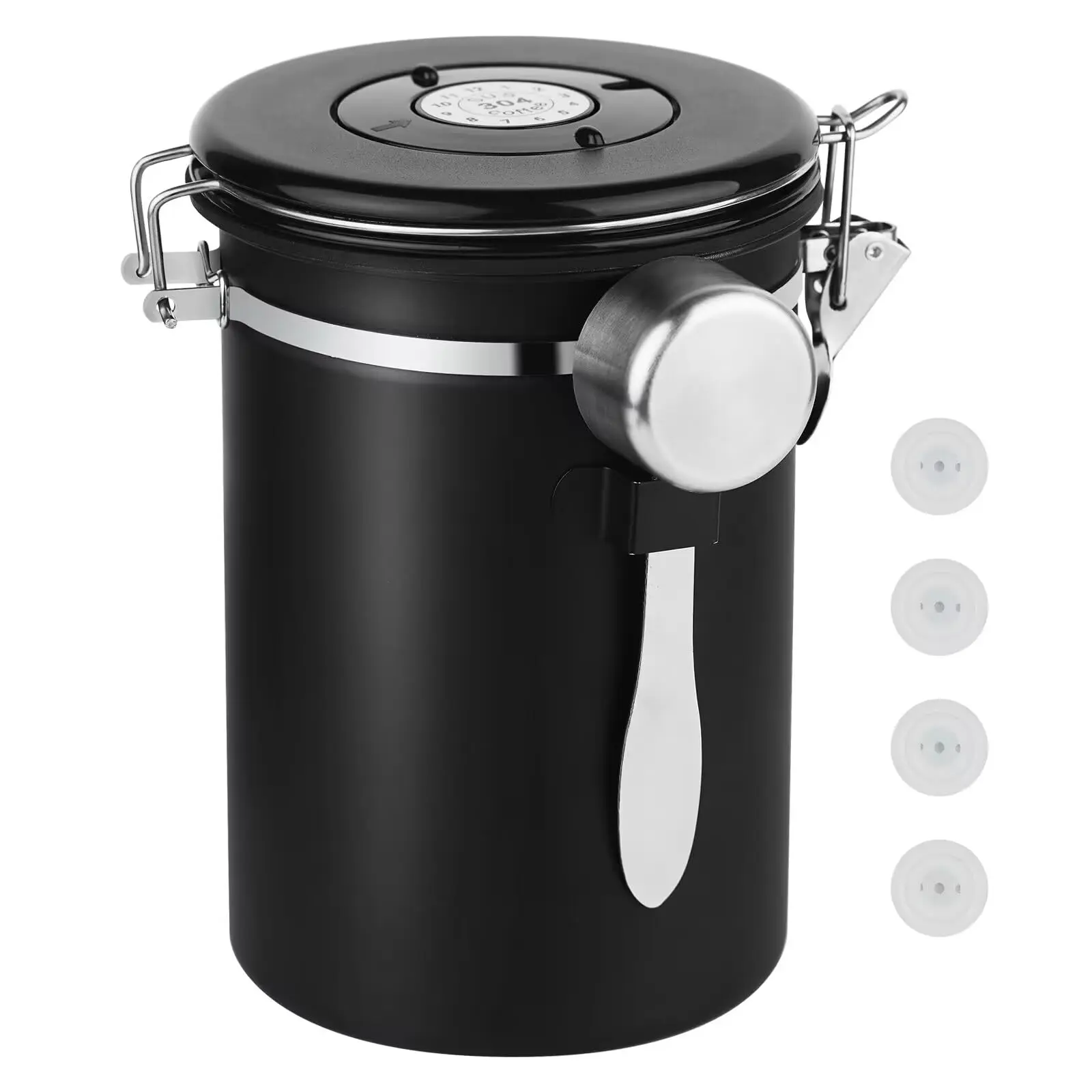 22oz Airtight Stainless Steel Coffee Canister with Date Tracker & Measuring Scoop, Fresh-Seal Storage Jar for Coffee Beans, Grounds, Tea, Sugar & Cereal