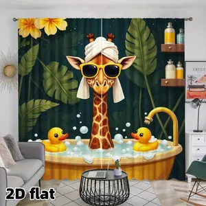 2D Flat 2Pcs Tropical Bathroom Giraffe Window Curtains Funny Cartoon Animal in Bathtub with Rubber Ducks Design Living Room Bedroom Kitchen Treatment Decor Semi Sheer Privacy Protection Easy to Clean