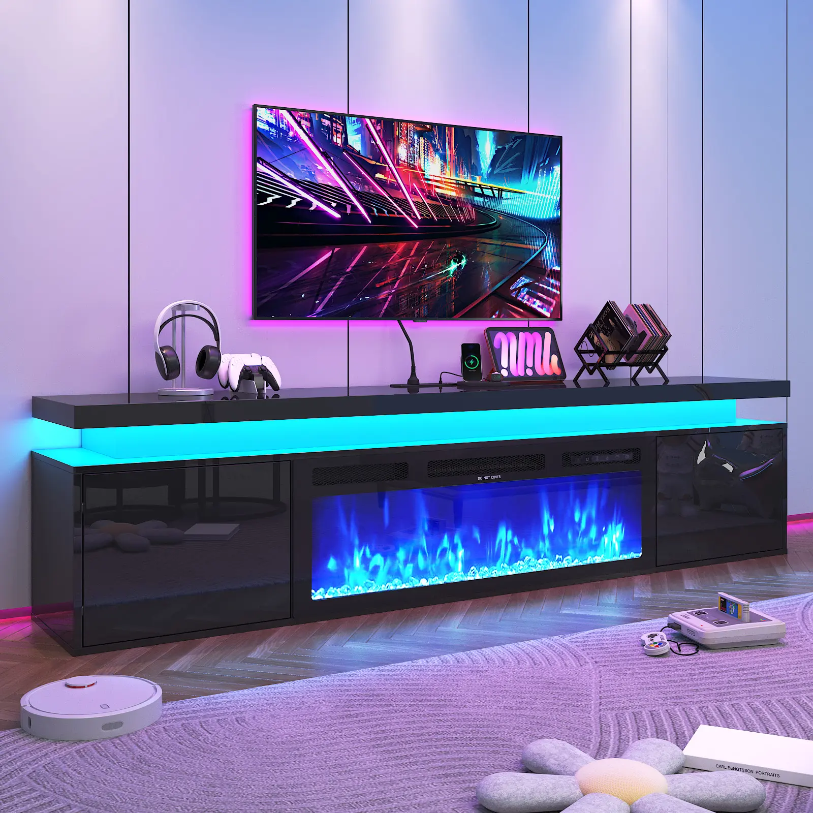 Modern Floating Fireplace TV Stand with LED Lights - 36"-40" Electric Fireplace, 70"-80" TV Console Table for Living Room Decor & Furniture (Fits Up to 80" Televisions)
