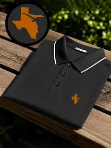 Men's quick-dry short-sleeve polo shirt with Texas longhorn print design. Breathable and comfortable for sports wear, fade-resistant, tailored for a body-hugging fit, sweat-wicking, non-sticky and durably crafted.