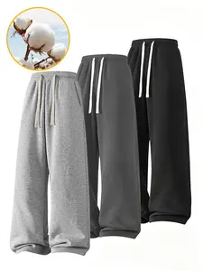 Men's Solid Thermal Lined Drawstring Waist Fleece-lined Thickened Pants Casual Comfy Regular Fit Straight Leg Trousers for Fall Winter Menswear Socks Beige Light Linen Gray Plain