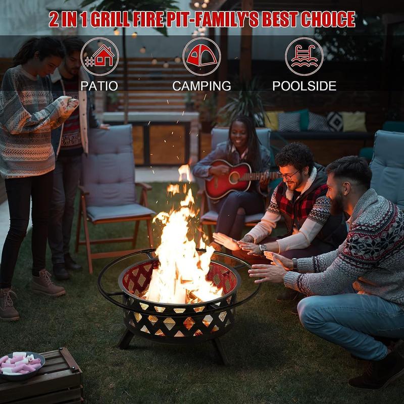Aoxun 2 in 1 Fire Pit with Grill 30'' Wood Burning Outdoor Fire Pits Outside with Metal BBQ Grill Spark Screen Poker for Patio Backyard Garden 360° Adjustable Grill Airflow Design - Exterior Aoxun 2 in 1 Fire Pit with Grill 30'' Wood Burning Outdoor Fire Pits Outside with Metal BBQ Grill Spark Screen Poker for Patio Backyard Garden 360° Adjustable Grill Airflow Design - Exterior