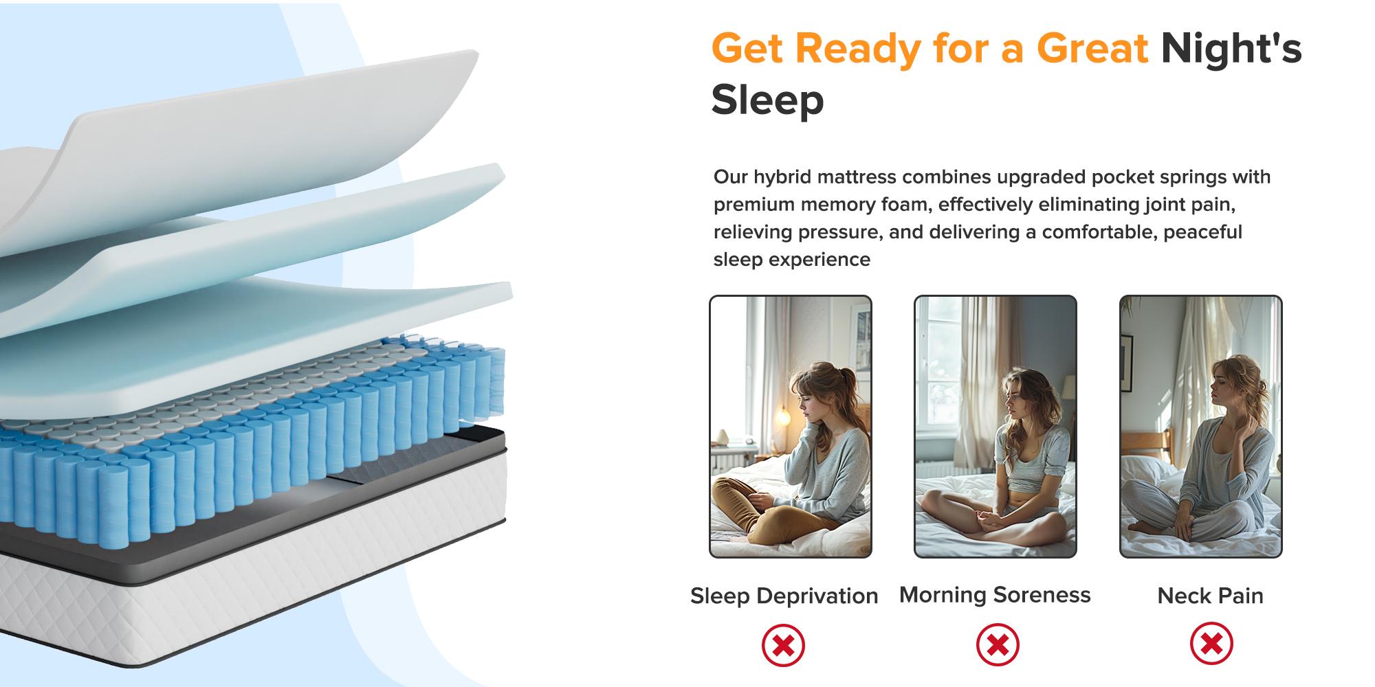 8/10/12" Fiberglass Free Hybrid Mattress: Medium Firm Full Bed with Fitted Sheet, Enhanced Edge Support, Silent Pocket Spring, No Sagging High-Density Foam, SGS Certified for Deep Sleep