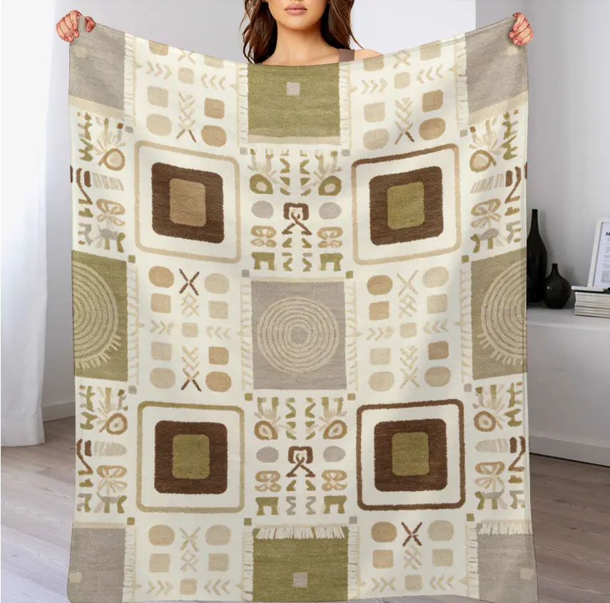 Boho Tribal Geometric Square Pattern Throw Blanket, Neutral Earth Tone Ethnic Print Soft Flannel Blanket, Aesthetic Bohemian Home Decor Sofa Bed Blanket