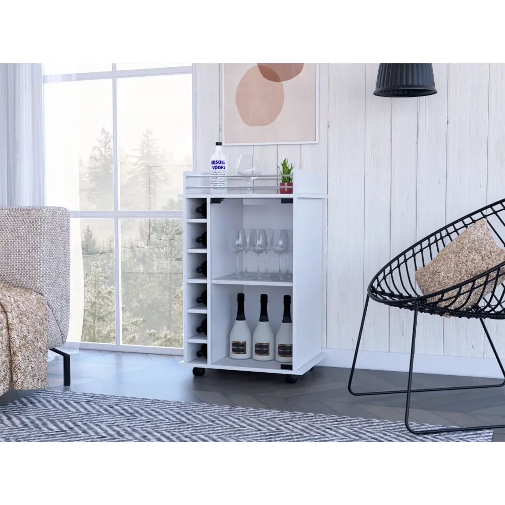 Dreamzon Furniture 32"H White Bar-Coffee Cart with Wheels with Locking Mechanism - Kitchen/Living Room Cabinet Storage, 6 Bottle Racks, Glass-Door Central Shelf, Aluminum-Front Support Surface