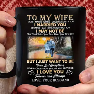 Romantic Love, Coffee Mug, Personalized Wedding Message With Couple Walking In Sunset Scene, Ceramic With Glossy Finish, For Husband To Wife, 11 Oz Single Piece