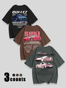 Breathable Casual Streetwear T-Shirt for Women, Loose Fit Round Neck Design, Racing Car Graphic Print, Daily Wear, Fashion Comfort Versatile Top Three Pack
