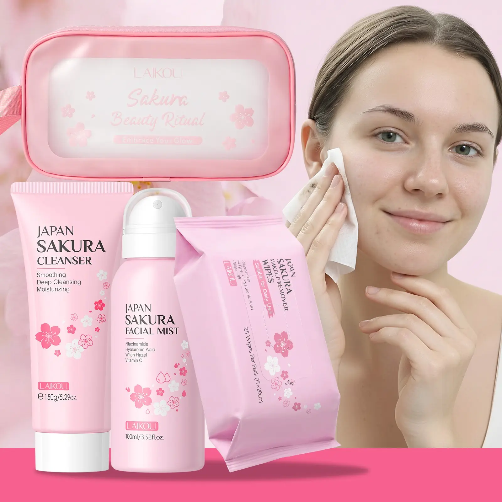 Evening Unwind Kit,  LAIKOU Sakura Facial Skincare Routine Kit - 4-Piece Double-Sided Toner Pads, Face Cleanser & Makeup Remover Set with Travel Pouch - Deep Cleansing, Moisturizing, Moisture Balancing & Hydrating for Women