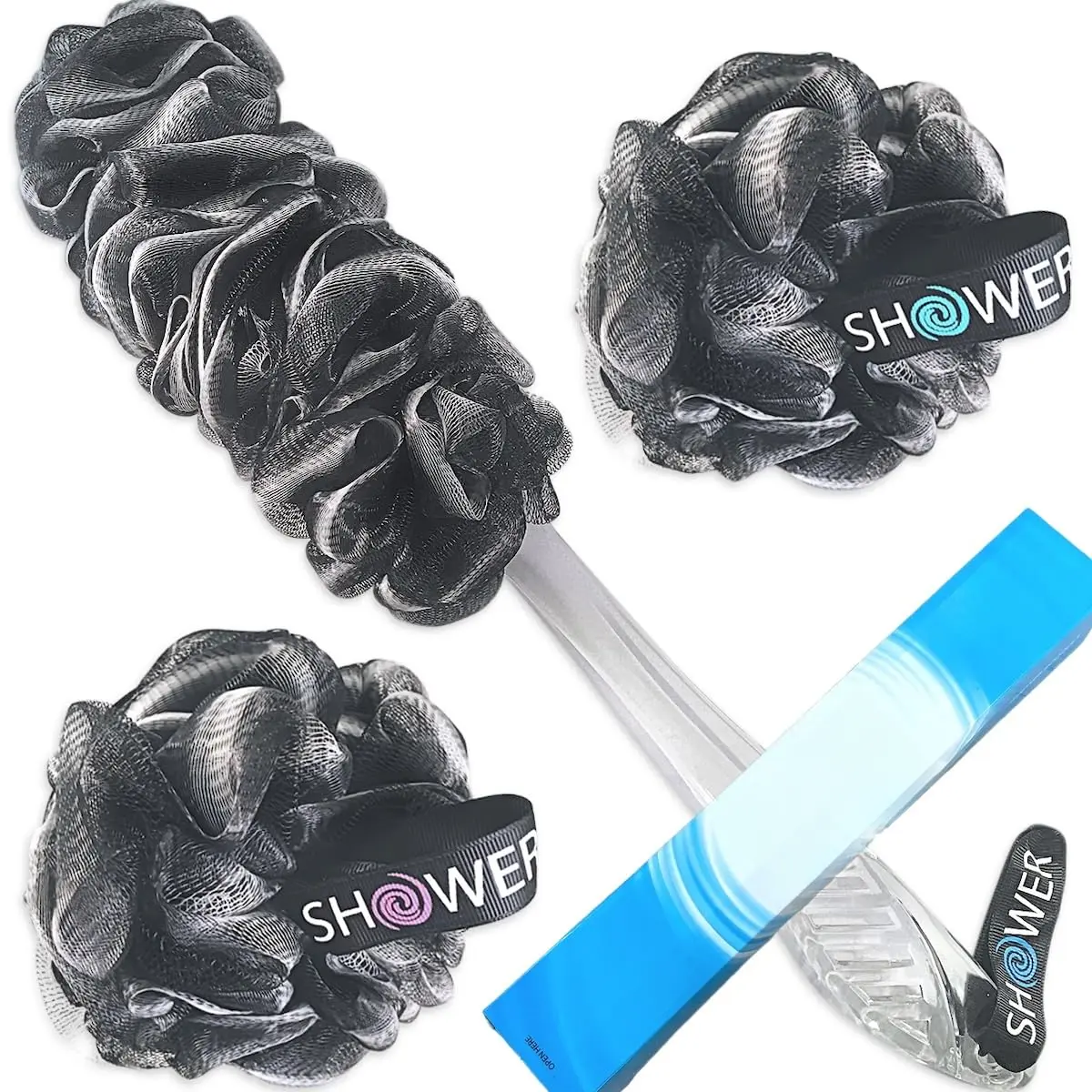 Loofah-Charcoal -Scrubber & Bath-Sponge Set // 1 Long-Handle--Brush Plus 2  75g Soft Mesh Loofa-Lufa-Loufa Puff Poufs, Men & Women - Exfoliate with Full Pure Cleanse