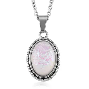 Lab Created White Opal Ethereal Frost Aura Pendant Necklace 20-22 Inches in Stainless Steel