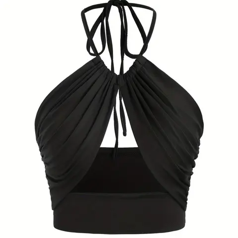 Women's Solid Ruched Tie Back Crop Cami Top, Fashion Casual Backless Top for Summer, Ladies Clothes for Beach Holiday Vacation Fit