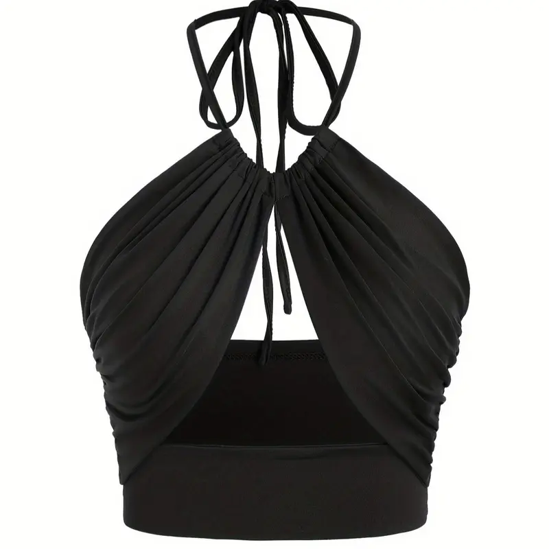 Women's Solid Ruched Tie Back Crop Cami Top, Fashion Casual Backless Top for Summer, Ladies Clothes for Beach Holiday Vacation Fit