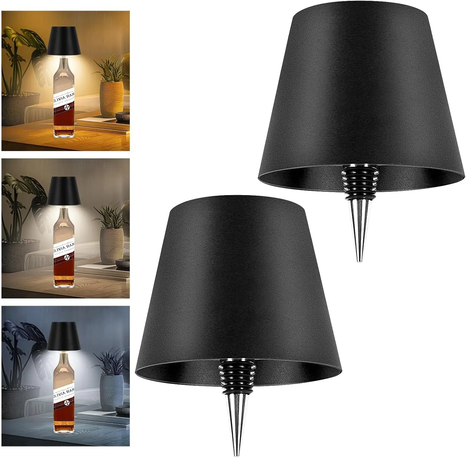 Wireless Bottle Lamp - LED Bottle Lights for Liquor & Wine Bottles, Cordless Lampshade, Whiskey Bottle Top Light, Bottle Stopper Night Light Kit, Rechargeable 3-Tone Touch-Dimmable