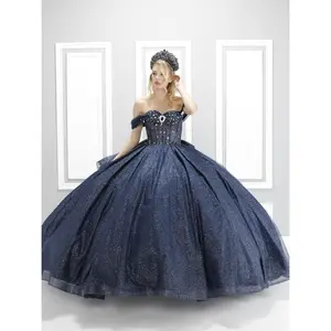 Luxury Navy Blue Glitter Quinceañera Dress 91125X– Off Shoulder Royal Ball Gown with Crystal Corset & Full Sparkle Skirt XV Dress