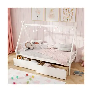 Twin Size Wooden Tent Platform House Bed with 2 Drawers