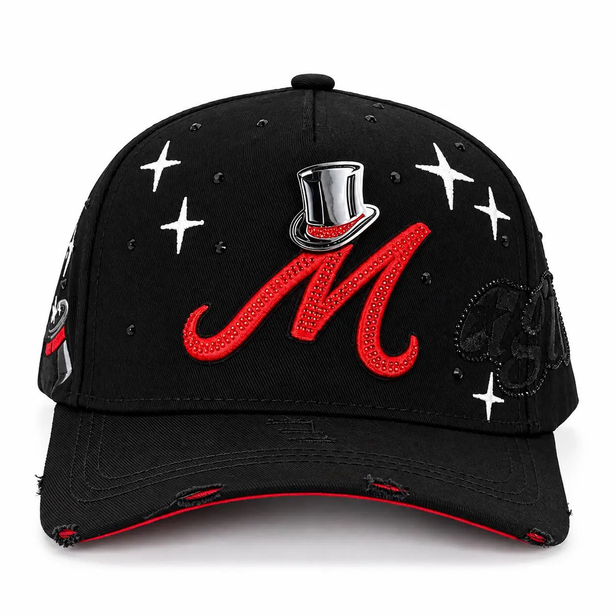 Magic Mystic red Top Hat Baseball Cap with Red Lettering and White Stars on Black Background