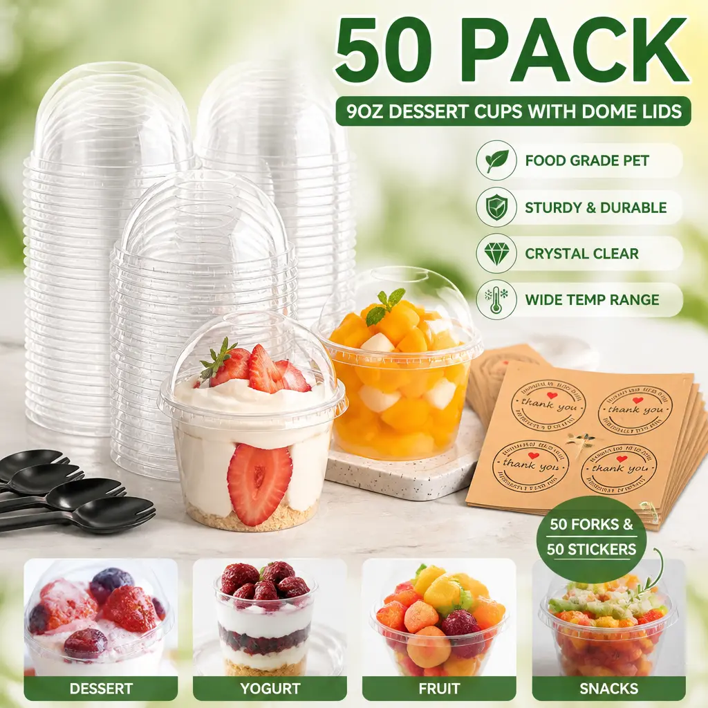 50-Pack Disposable PET Plastic Dessert Cups (9oz Sturdy Transparent) with No-Hole Dome Lids, Sporks & Stickers, Individually Packed Containers for Birthday, Family, Friends Party Use (Fruit, Cake Serving)