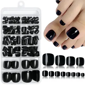Black Short Square Fake Toenails, 120pcs/set Full Cover Glossy Acrylic False Toe Nails Tips for Women and Girls Foot Decor Nail Kit Set