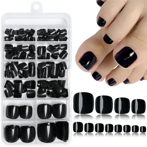 Black Short Square Press on Toenails, Toe Nail Press Ons, 120pcs/set Full Cover Glossy Acrylic False Toe Nails Tips for Women and Girls Foot Decor Nail Kit Set