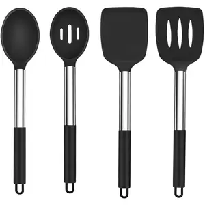 Kitchen Utensils, 4 PCS Silicone Cooking Utensils Spatula Spoon Set with Stainless Steel Handle, for Frying Mixing Draining Turning, Healthy & Heat-proof, Non-stick & Dishwasher Safe - Black