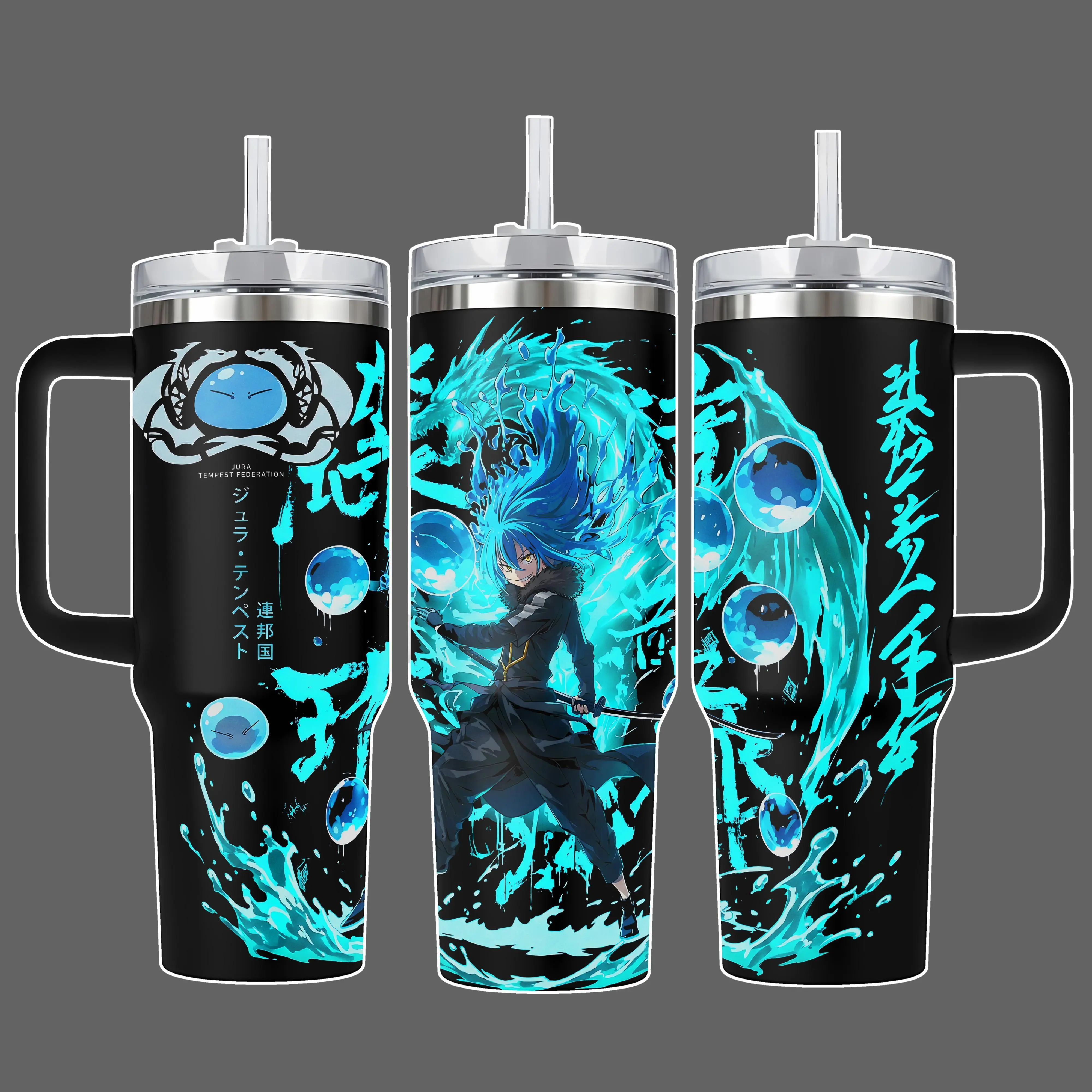 That Time I Got Reincarnated as a Slime Rimuru Tempest Water Dragon Anime Tumbler Cup, Cyan Black Full Wrap Insulated Tumbler