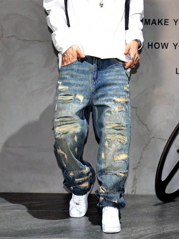 Men's Loose-Fit Denim Jeans, Casual Style Worn Look Ripped Design, Ripped Hole Jeans, All-Season Plain Straight Leg Jeans for Men
