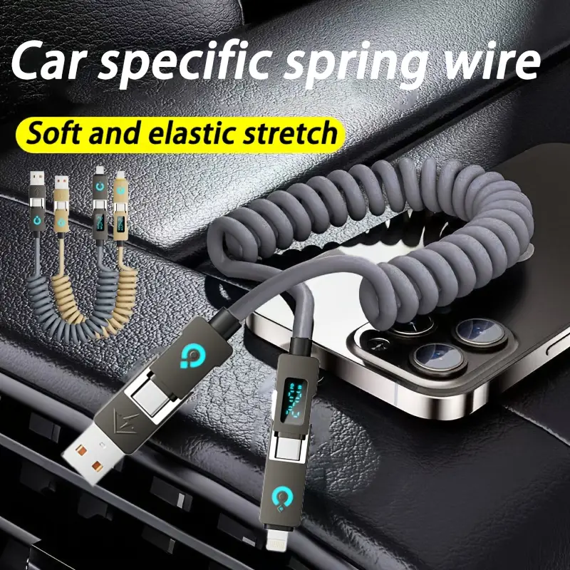 4-in-1 240W spring-loaded retractable high-speed USB charging cable with digital display, compatible with iPhone 16/15/14/13/12/11 Pro Max Plus, Xiaomi, Huawei, Honor, laptops, and power banks. Features refined cable management, high-quality connectors, a