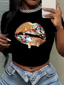 Women's Lip Print Round Neck Tee, Fashion Casual Streetwear Crew Neck Short Sleeve Fit T-shirt for Daily Everyday Holiday Vacation Outdoor Wear, Ladies Clothes for All Seasons Womenswear Top